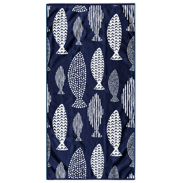 Ręcznik FISH kolor niebieski przód welur, tył frotte 90x180 decoking