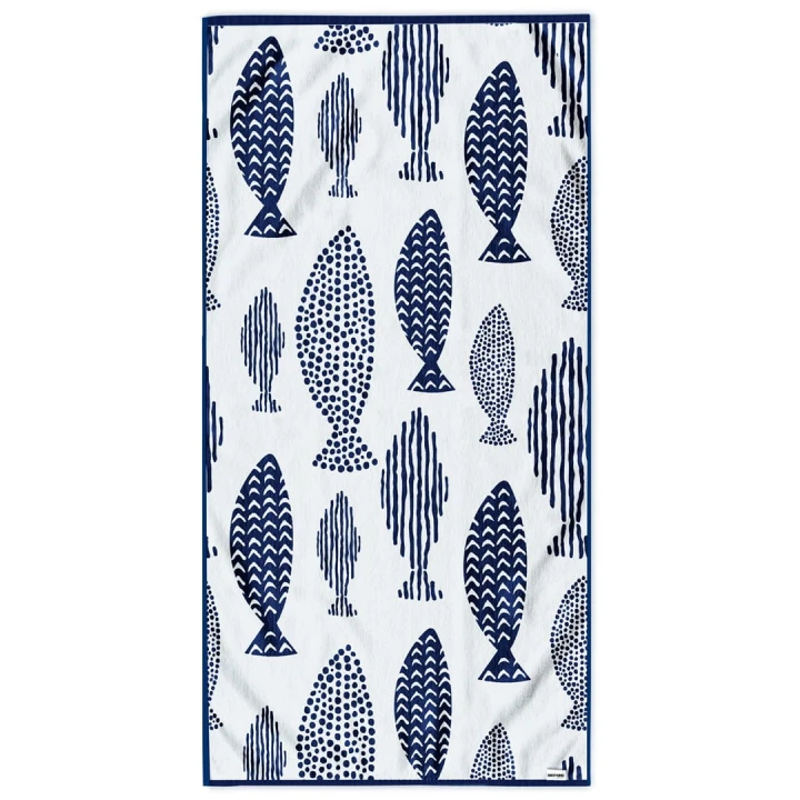 Ręcznik FISH kolor niebieski przód welur, tył frotte 90x180 decoking