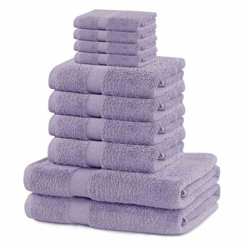 Zestaw ręczników bawełnianych DecoKing Marina w kolorze liliowym (10 elem. w tym 2 ręczniki 70x140, 4 50x100, 4 30x50), gramatura 525 g/m², gładkie wykończenie, Oeko-Tex Standard 100.