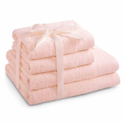 Zestaw ręczników Amari w pudrowym różu – 4-elementowy (2 x 70x140 cm + 2 x 50x100 cm), 100% bawełna, gładkie wykończenie, Oeko-Tex Standard 100.