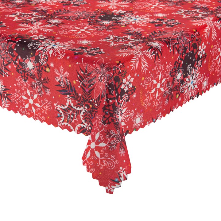 Obrus świąteczny czerwony plamoodporny w białe śnieżynki