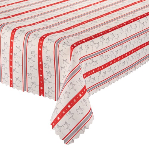 Obrus świąteczny w czerwono-szare paski i gwiazdki plamoodporny