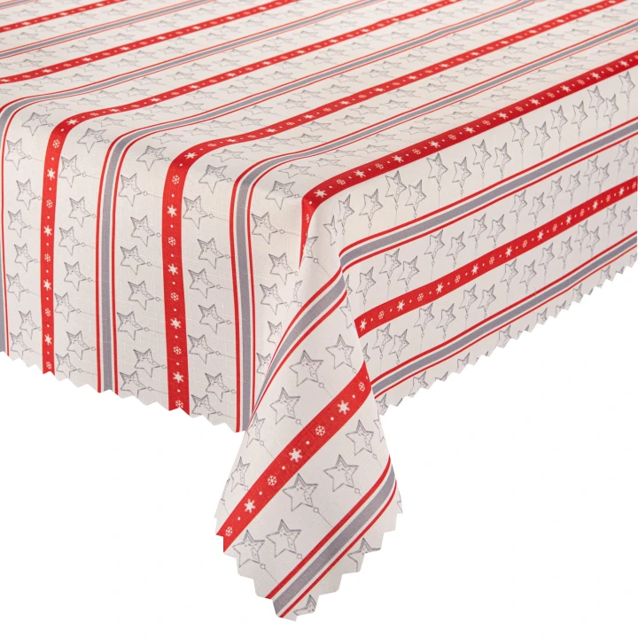 Obrus świąteczny w czerwono-szare paski i gwiazdki plamoodporny