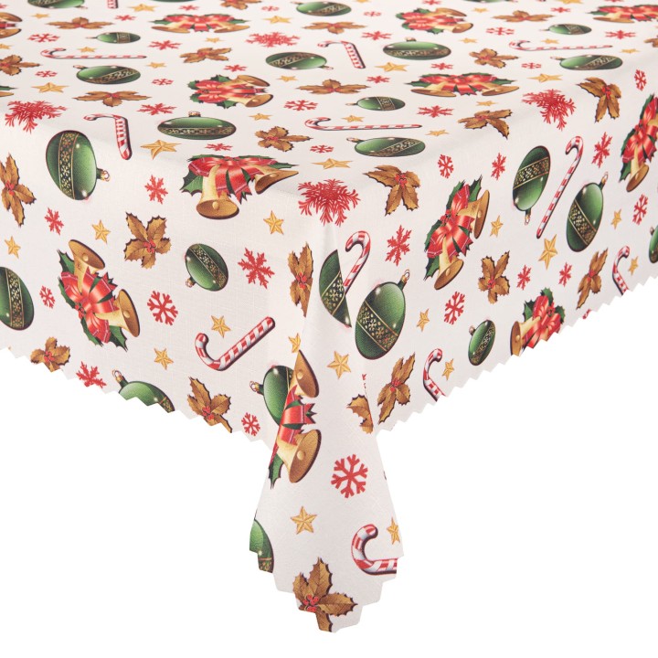 Obrus świąteczny w bombki, dzwonki, laski cukrowe i ostrokrzew plamoodporny