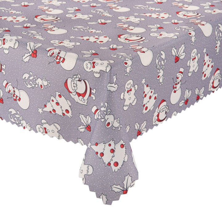 Obrus świąteczny bałwanki, pierniczki, renifery, ostrokrzew plamoodporny, szare tło