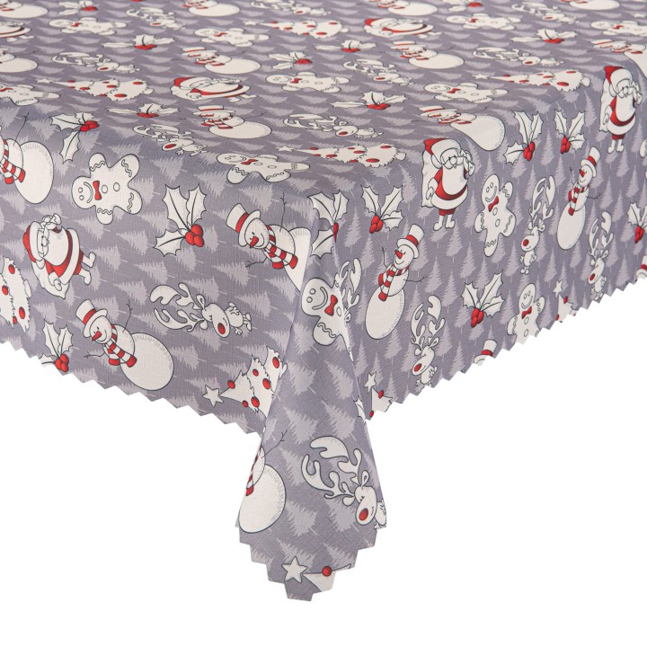 Obrus świąteczny bałwanki, pierniczki, renifery, ostrokrzew plamoodporny, szare tło