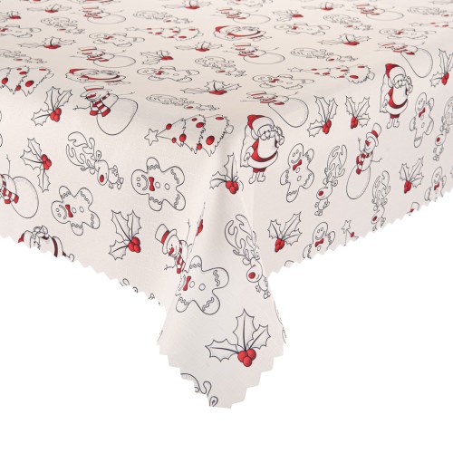 Obrus świąteczny bałwanki, pierniczki, renifery, ostrokrzew plamoodporny, białe tło