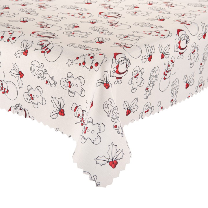 Obrus świąteczny bałwanki, pierniczki, renifery, ostrokrzew plamoodporny, białe tło