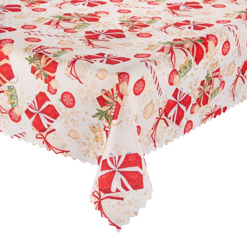 Obrus świąteczny prezenty i bombki plamoodporny, białe tło