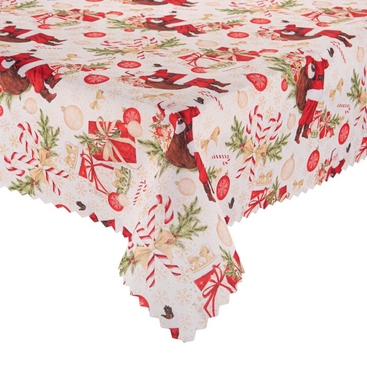 Obrus świąteczny "Magiczny Mikołaj z prezentami" plamoodporny, białe tło