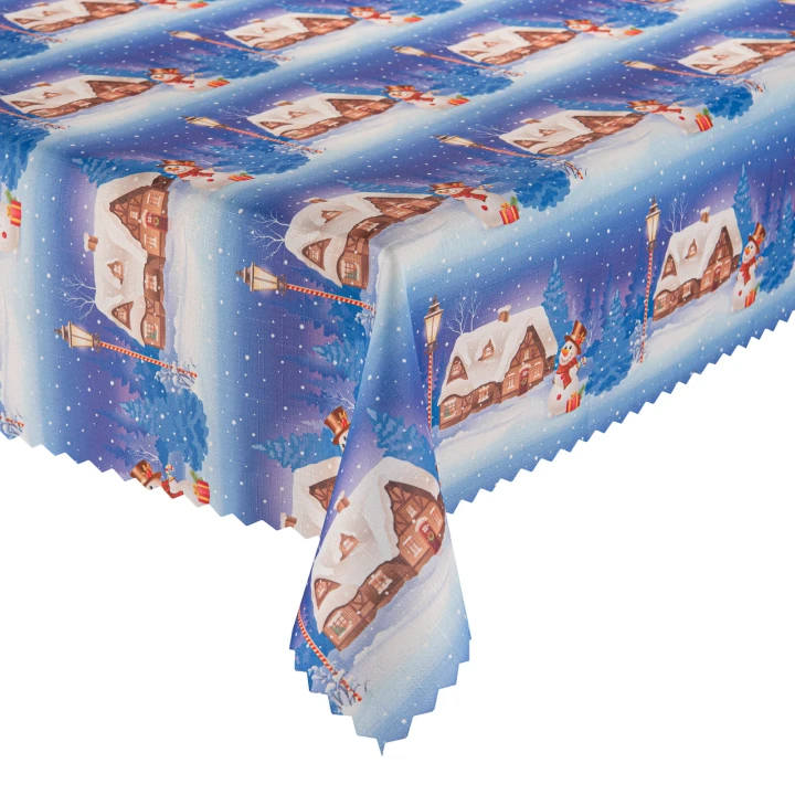 Obrus świąteczny Zimowa Wioska plamoodporny, granatowe tło