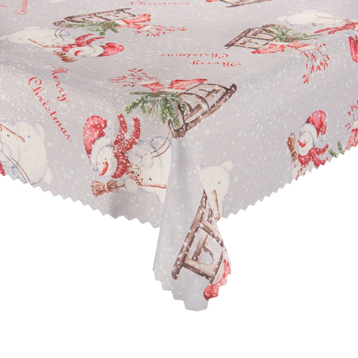 Obrus świąteczny Bałwanki na saniach plamoodporny, szare tło