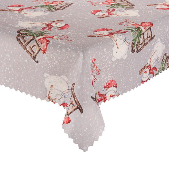 Obrus świąteczny plamoodporny szary – zimowe bałwanki na sankach, bożonarodzeniowa dekoracja stołu