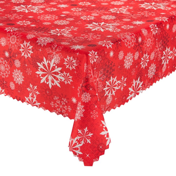Obrus świąteczny plamoodporny czerwony w śnieżynki – elegancka dekoracja stołu na Boże Narodzenie