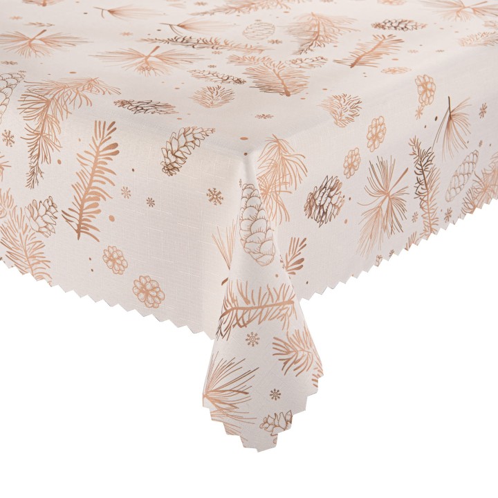 Obrus świąteczny kremowy plamoodporny w szyszki i gałązki – nowoczesna dekoracja stołu