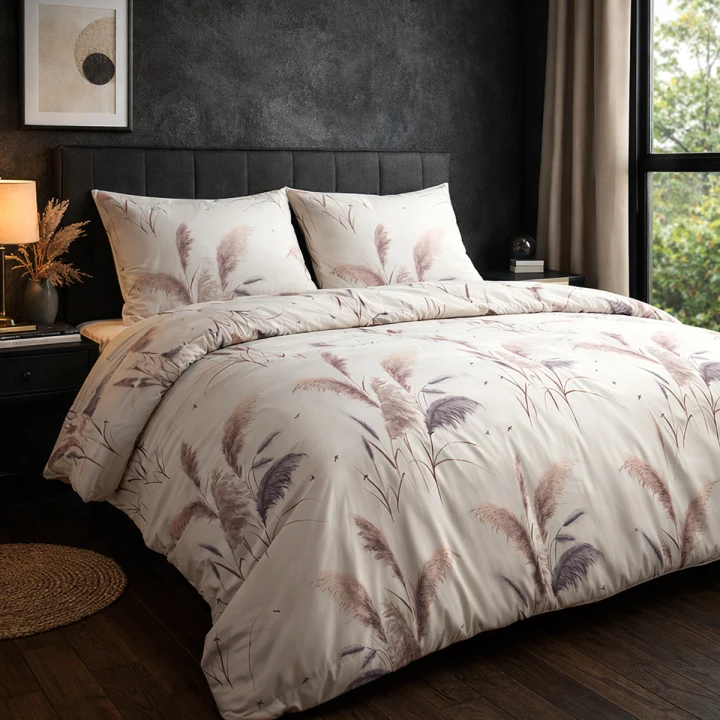 Pościel bawełniana 220x200 Cottonlove "Pampas" beżowa z wzorem traw, 2x70x80 cm, zamek błyskawiczny, OEKO-TEX