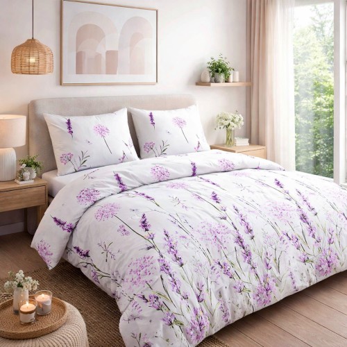 Pościel bawełniana Cottonlove 220x200 „Lavenda” — biała z motywem fioletowej lawendy, zamek błyskawiczny, OEKO-TEX®