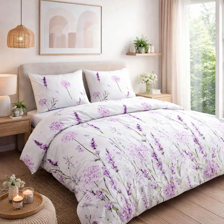 Pościel bawełniana Cottonlove 220x200 „Lavenda” — biała z motywem fioletowej lawendy, zamek błyskawiczny, OEKO-TEX®