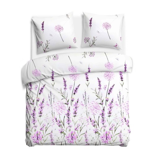 Pościel bawełniana Cottonlove 220x200 „Lavenda” — biała z motywem fioletowej lawendy, zamek błyskawiczny, OEKO-TEX®