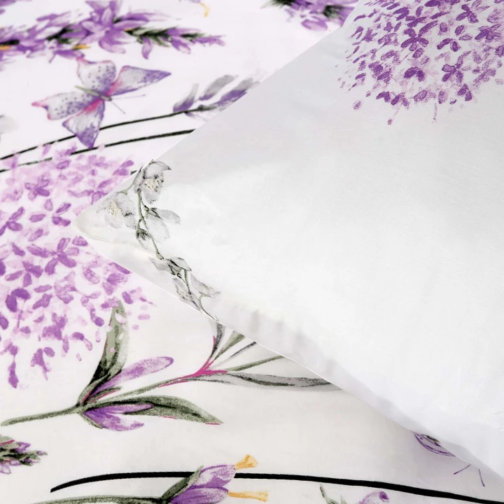 Pościel bawełniana Cottonlove 220x200 „Lavenda” — biała z motywem fioletowej lawendy, zamek błyskawiczny, OEKO-TEX®