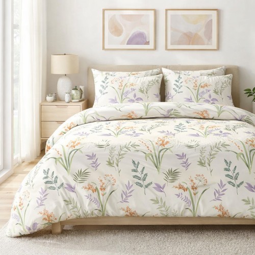 Cottonlove Pościel bawełniana 220x200 "Herbalia" kremowa z botanicznym wzorem kwiatowym, 100% bawełna, poszewki 2x70x80 cm, zamek błyskawiczny, OEKO-TEX