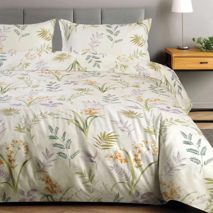 Cottonlove Pościel bawełniana 220x200 "Herbalia" kremowa z botanicznym wzorem kwiatowym, 100% bawełna, poszewki 2x70x80 cm, zamek błyskawiczny, OEKO-TEX