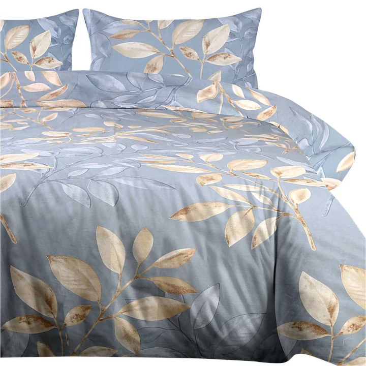 Pościel bawełniana 220x200 Cottonlove Sandleaf — niebieska z beżowymi liśćmi, OEKO-TEX®