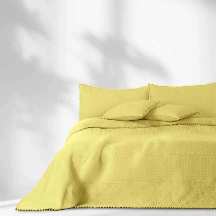 Narzuta MEADORE 240x260 żółta z pomponami dwustronna elegancka