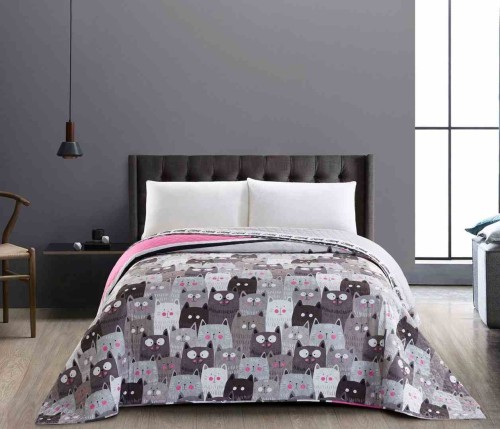 Narzuta na łóżko DecoKing Cats Invasion szara 170x270 z mikrofibry pikowana dwustronna
